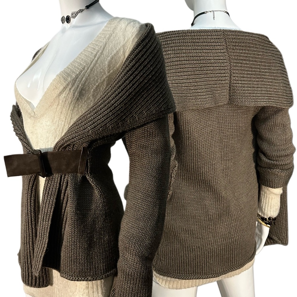 brown knit cardigan with belted suede closure